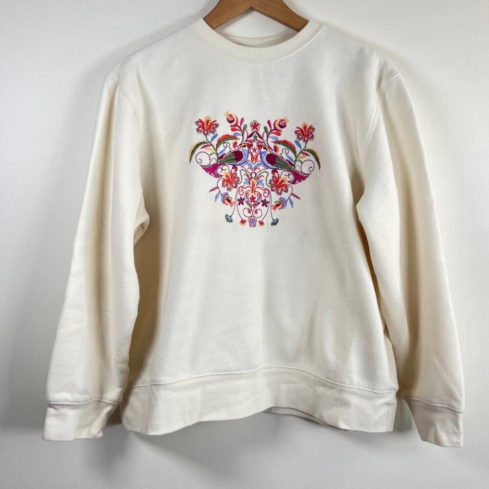 Classic Elements Sweatshirt Embroidered Birds Floral Pullover Crew Cream Size XL